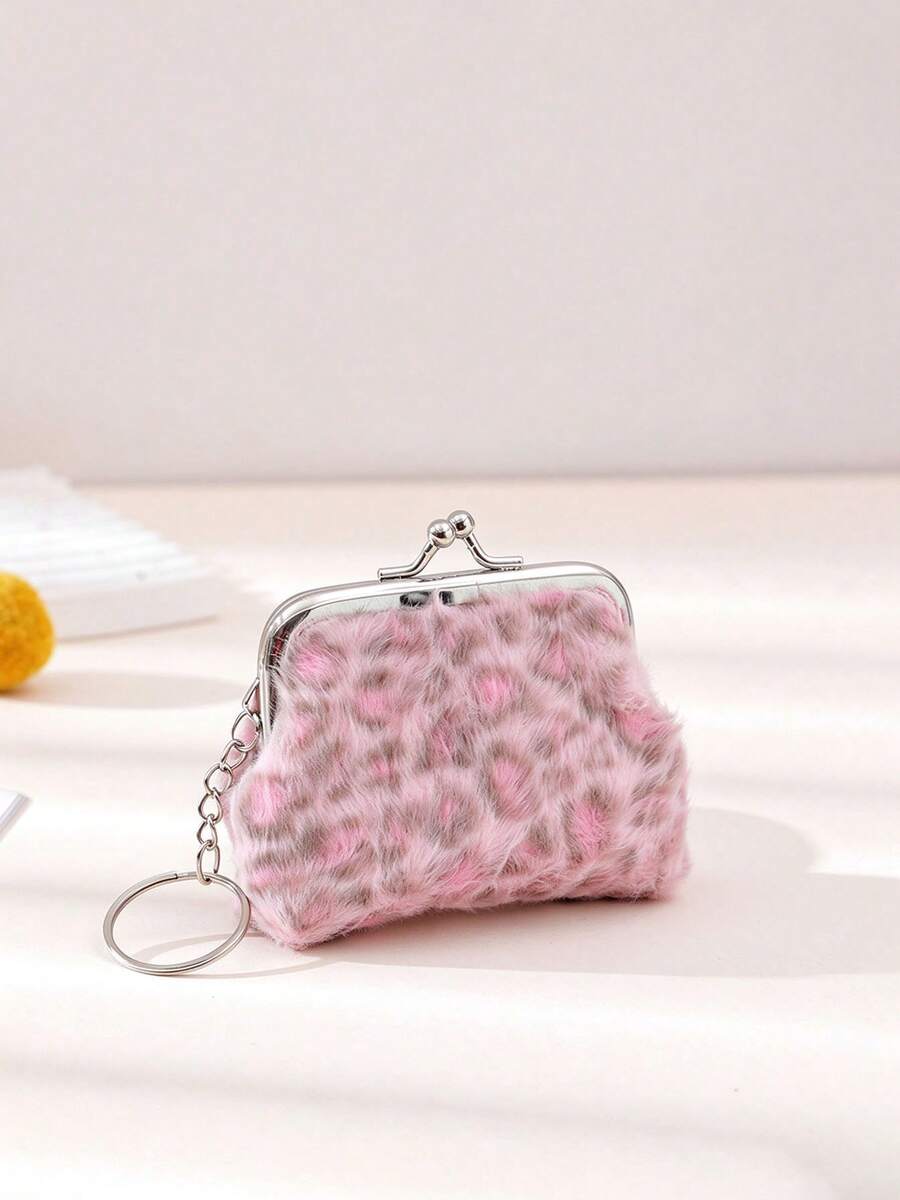 1pc Solid Color Faux Leopard Print Plush Coin Purse, Metal Clasp + Keychain, Small Capacity Mini Storage Bag, Cute Plush Handheld Pouch, Suitable For Daily Use, Autumn/Winter - Multicolor - View 1