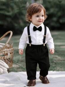 BrownBark Baby Boys Gentleman Style Outfit, Casual Long Sleeve Shirt & Suspender Pants Set, Suitable For Spring/Autumn, Birthday Party, Evening Party, Performance, Wedding, 1st Birthday Celebration, Daily Wear - White - View 8