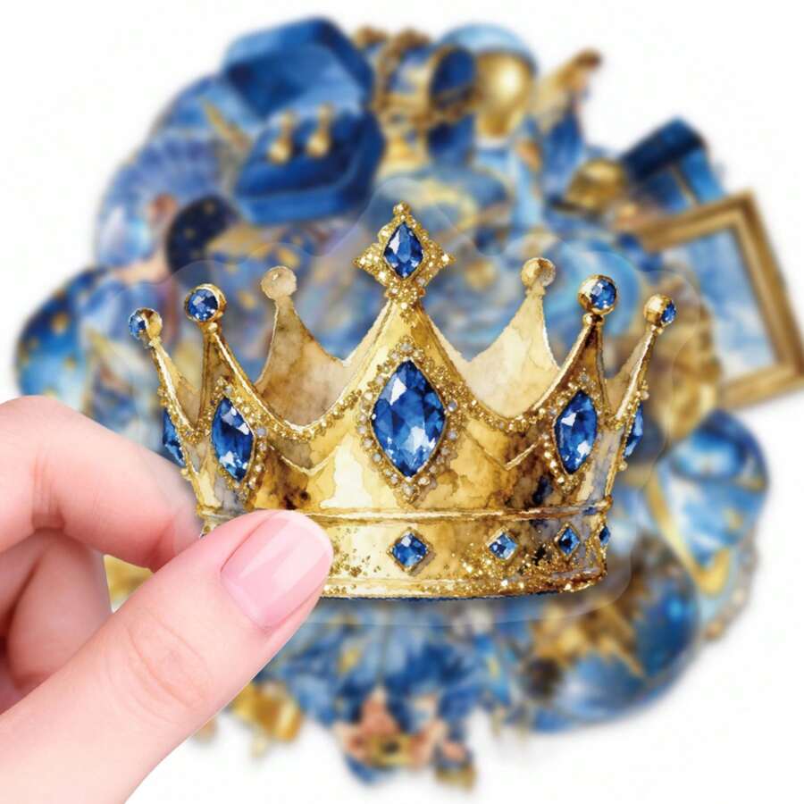 56pcs Blue & Gold Dreamy Vintage Graffiti PET Stickers, Suitable For Decorating Stationery, Gift Packaging, Patterned Envelope Seals, Self-Adhesive Labels, Planner & Creative Projects - one-size - View 1