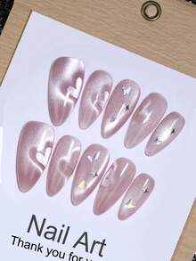 10pcs Almond Nude Silk Cat Eye Nail Stickers, Glossy & Shiny, Heart Shape Pattern, Butterfly Decor, French Manicure, Reusable, Suitable For Autumn/Winter DIY Everyday Nail Art Nails Handmade Press On Nails - Pink - View 1