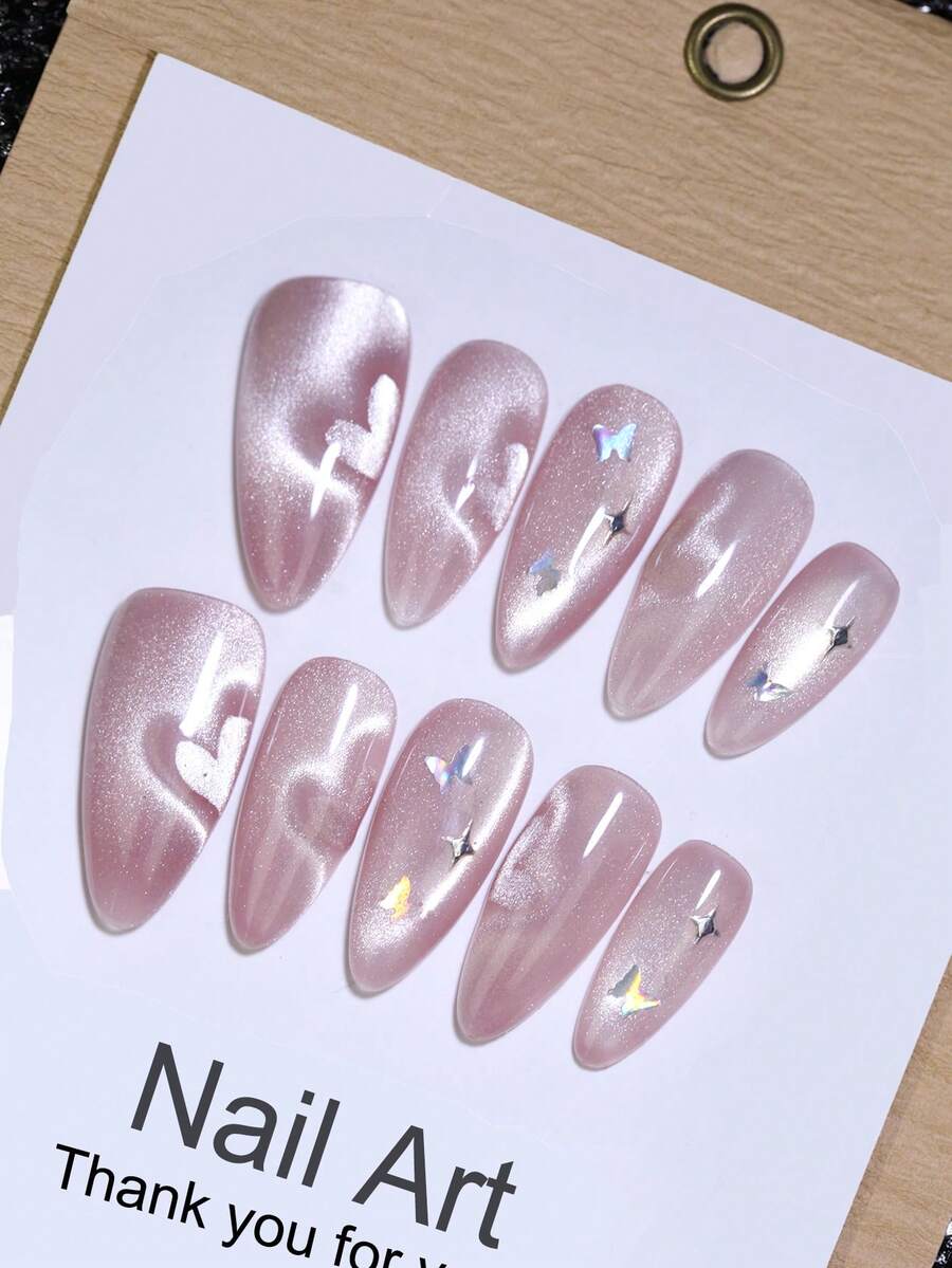 10pcs Almond Nude Silk Cat Eye Nail Stickers, Glossy & Shiny, Heart Shape Pattern, Butterfly Decor, French Manicure, Reusable, Suitable For Autumn/Winter DIY Everyday Nail Art Nails Handmade Press On Nails - Pink - View 1