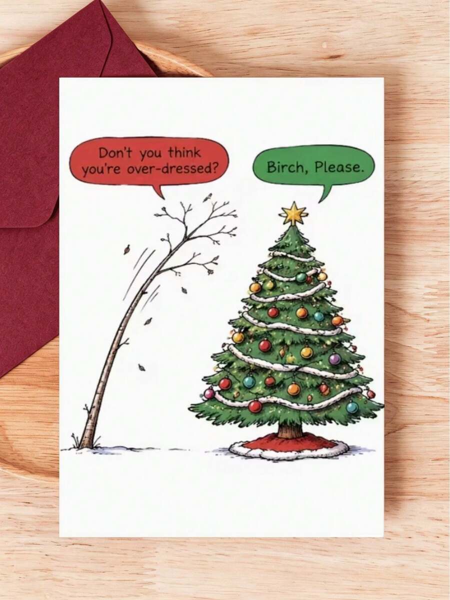 1 Set Fun Christmas Greeting Cards, Playful Holiday Tree & Birch Tree Pun Jokes, Suitable For Friends, Family, Colleagues, Perfect Choice For Christmas Party, Holiday Gifts And Winter Celebrations - A6 - View 1