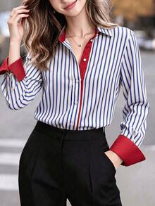 Women's Striped Long Sleeve Shirt Collar Top, Red Contrast Trim, Asymmetrical Hem, Navy Blue Striped Contrast Red Polo Shirt, Spring French Elegant, Casual Shirt, Daily, Spring/Autumn Season Outfit, All Season Versatile, Lightweight Polyester Shirt, Casual Daily Top - Blue - View 1
