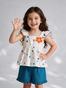 Young Girls Spring/Summer Heart & 3D Floral Print Ruffle Sleeve Top + Ruffled Shorts 2pcs Set - White - View 2