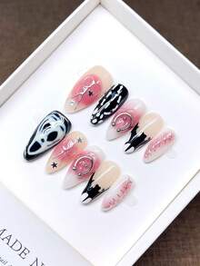 Handmade Wearable Press-On Nails, Halloween Skull Almond Shape, Hand-Painted Personalized French Style Manicure, Y2K Style Nails, Unique Niche Press-On Nails, Autumn And Winter Daily Manicure, Detachable And Reusable. - Multicolor - View 2