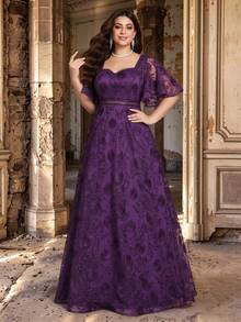 MGIACY Plus Size Women Elegant Purple Floral Lace V-Neck A-Line Maxi Dress, Suitable For Summer Wedding Guest, Party, Outing And Holiday Fall - Purple - View 2