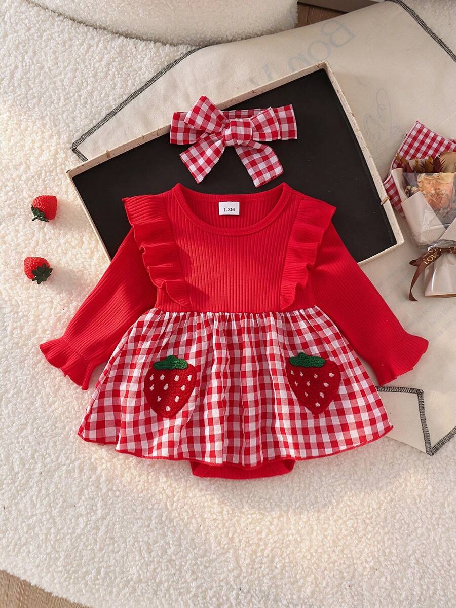 1pc Baby Girl Cute Comfortable Ribbed Patchwork Plaid Bodysuit With Headband, Spring/Autumn Thin Style - Red and White - View 1