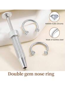 Double Gem Stainless Steel Horseshoe Nose Ring 20G 8mm With Piercing Taper Tool, For Septum & Nostril, Comfort Fit - Silver - View 4