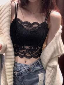 夏季開學季可愛性感極簡蕾絲吊帶背心，附胸墊，純色女款內衣背心，適合冬季聖誕節、春節、新年穿搭疊穿與打底 - 黑色 - 查看 3