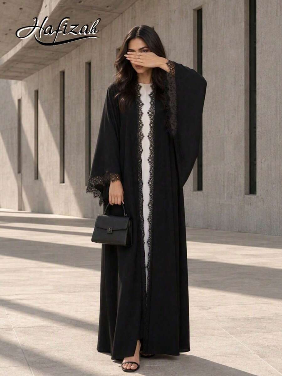 Hafizah 女款蕾絲拼接休閒派對阿拉伯風洋裝，黑色，秋季
