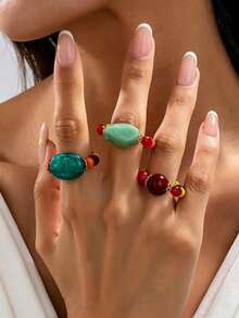 3pcs/Set Vintage Colorblock Beaded Rings, Niche Design Stackable Finger Rings, Personalized Atmosphere Matching Accessories - Beaded Ring - View 1