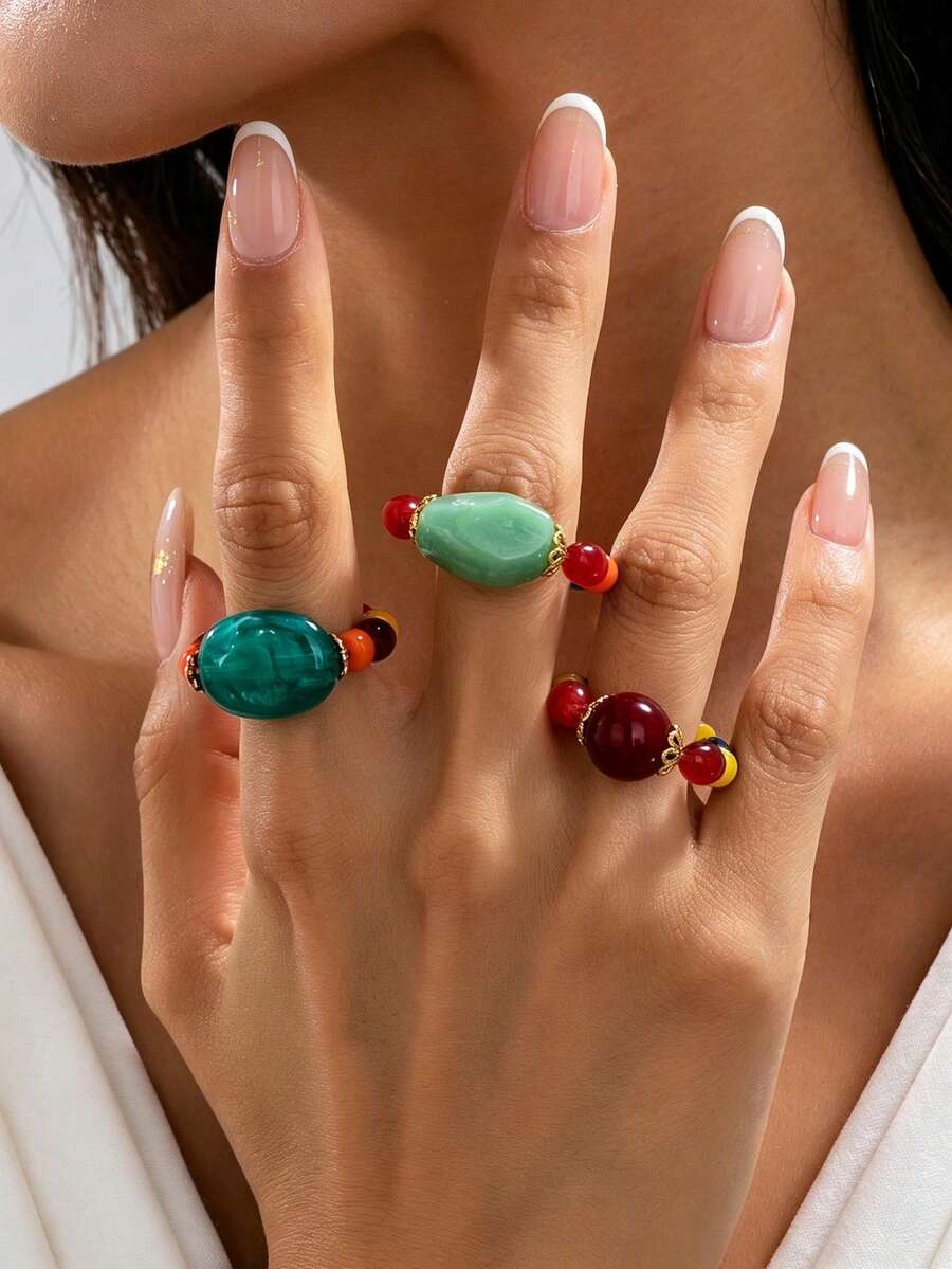 3pcs/Set Vintage Colorblock Beaded Rings, Niche Design Stackable Finger Rings, Personalized Atmosphere Matching Accessories - Beaded Ring - View 1