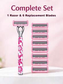 Women's Manual Safety Razor With Replaceable Blades, Floral Print Non-Slip Shaver, 6-Layer Stainless Steel Blades, Painless Hair Removal For Legs, Underarms, Bikini And Body, Travel Beauty Tool, Manual Body Razor, Women's Shaving Razor, Bikini Trimmer - Multiple Styles - View 5