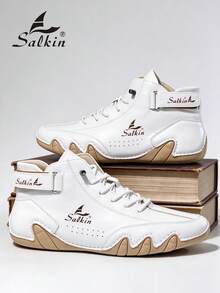 Salkin Handmade Casual Men's Designer Boots, Elastic Band, Hook And Loop, Comfy Breathable Leather Shoes, Men's Outdoor Non-Slip All-Match Ankle Boots, Spring/Autumn,Fashion Match Sweater - White - View 8