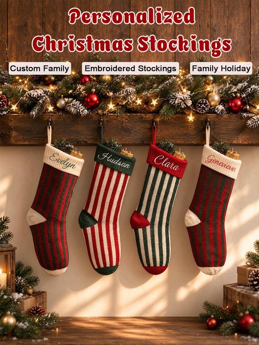 Personalized Knitted Christmas Socks: Embroidered Family Name Socks, 2026 Christmas Holiday Decor - Multicolor - View 1