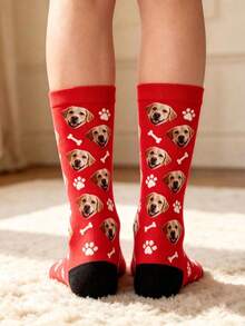 Custom Pink Dog Face Photo Socks, Personalized Pet Mid-Calf Socks, Custom Printed Puppy Face Paw Bone Socks, Creative Gift For Dog Lovers - Red - View 3