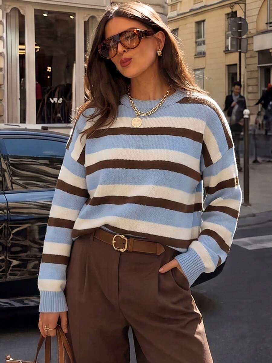 Women's 1pc Colorblock Striped Drop Shoulder Sweater, Vintage Preppy Style Crew Neck Long Sleeve Pullover, Loose Fit Knit Top, Suitable For Streetwear, Back To School, Weekend Gatherings - Light Blue - View 1
