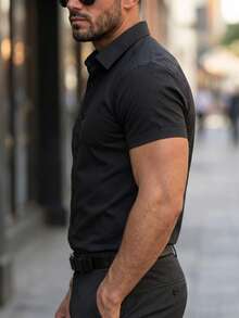 Camisa Marca Impala Para Hombre - Manga Corta - Color Negro Mate - Corte Slim Fit - Tejido Fresco - Fácil De Lavar - Versátil - Estilo Casual - Negro - Ver 2