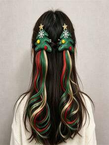 1pc Christmas Tree Shaped Colorful Hair Clip, Exquisite Hair Accessory For Women And Girls; Combines Christmas Tree, Bow, Five-Pointed Star And Gold Thread Elements To Create A Strong Holiday Atmosphere, Also Serves As A Braided Hair Decoration - Multicolor - View 1