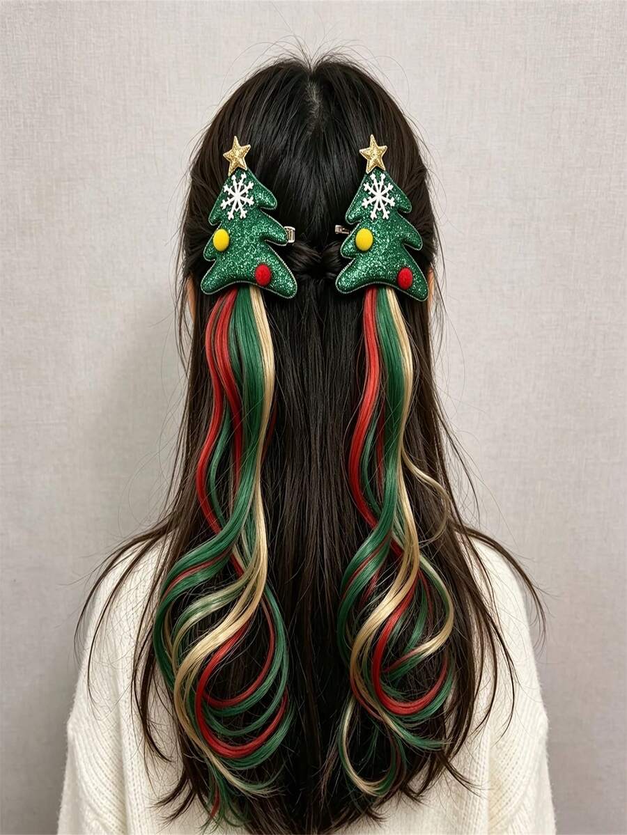 1pc Christmas Tree Shaped Colorful Hair Clip, Exquisite Hair Accessory For Women And Girls; Combines Christmas Tree, Bow, Five-Pointed Star And Gold Thread Elements To Create A Strong Holiday Atmosphere, Also Serves As A Braided Hair Decoration - Multicolor - View 1