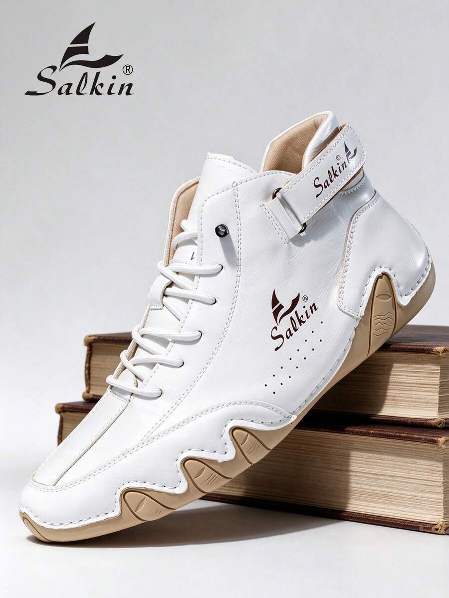 Salkin Handmade Casual Men's Designer Boots, Elastic Band, Hook And Loop, Comfy Breathable Leather Shoes, Men's Outdoor Non-Slip All-Match Ankle Boots, Spring/Autumn,Fashion Match Sweater - White - View 1