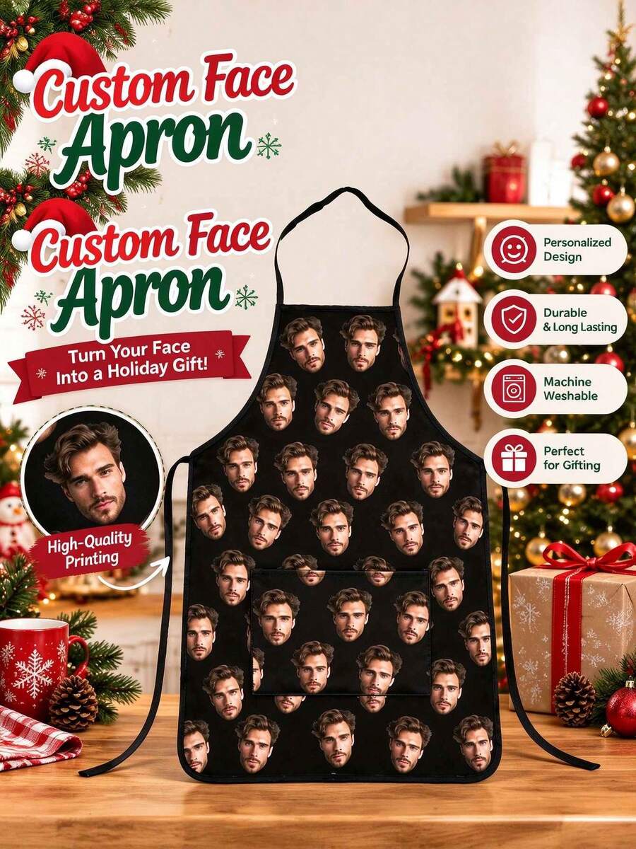 Customized Face Apron With Pockets, Personalized Photo Kitchen Apron, Funny Face Print Cooking Apron, Suitable For Boy And Girl, Christmas Holiday Gift, Adjustable Apron, Suitable For Baking, Grilling, Party, Christmas Special Edition!