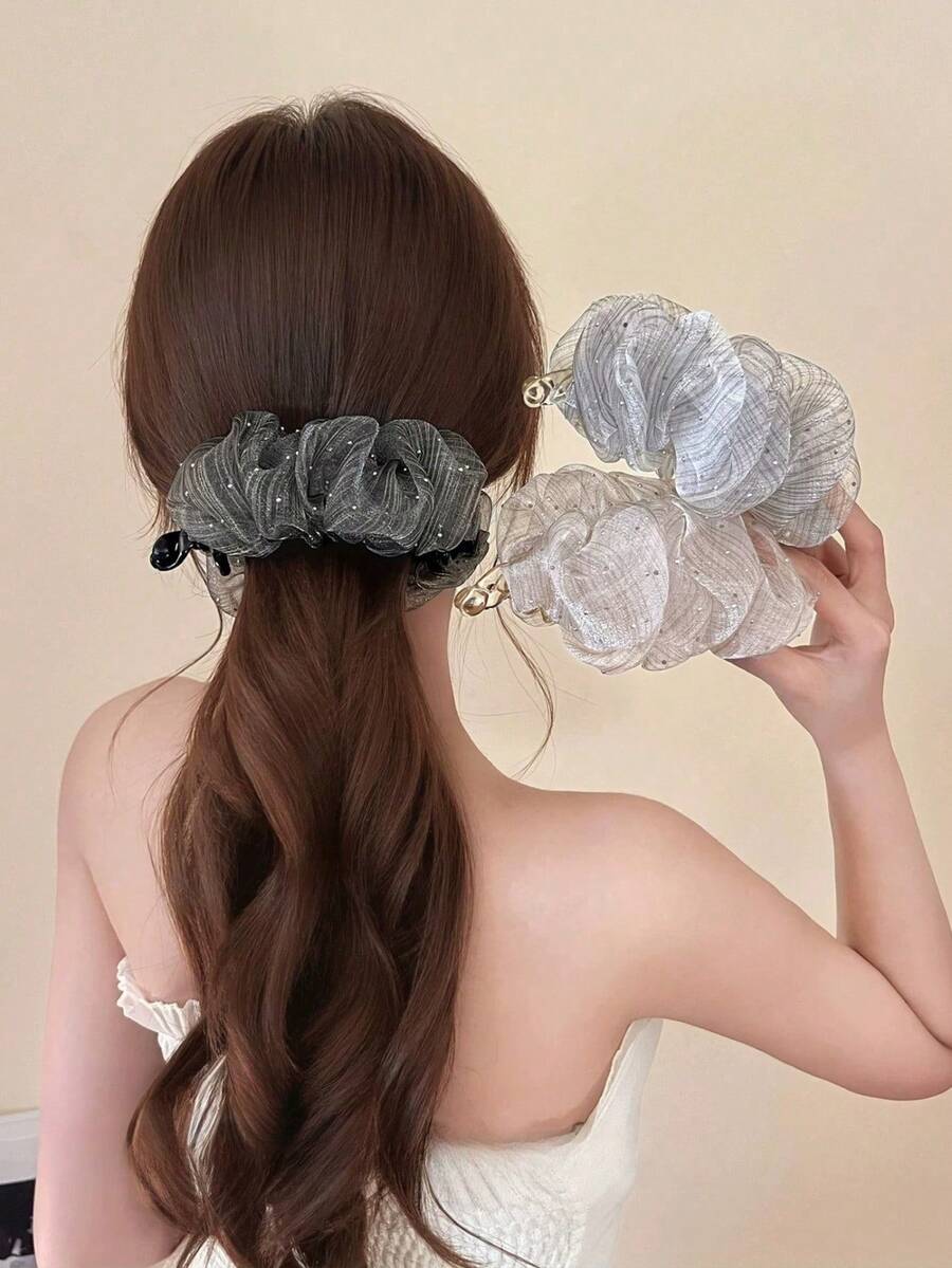3pcs/1pc Ruched Shiny Organza Straight Stripe Hair Clips, Embossed Gold Metal Badge Decor Hair Clips, Elegant Women's Hair Clips, Black & Gold Color - Multicolor - View 1