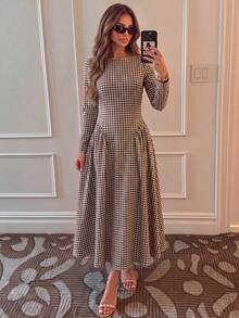 Dirp Noir Women's Autumn Vintage Plaid Round Neck Waist-Cinching Mid-Length Dress, Suitable For Commuting, Dating, Back-To-School Prom - Brown - View 6