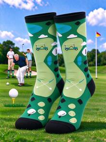 Men's Golf Creative Print Mid-Calf Socks, Fun Golf Course Pattern, Personalized Sports Casual Long Socks - Multicolor - View 2