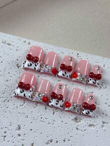 10pcs High-End Sweet Girl Style, Hand-Painted Leopard Print, Three-Dimensional Bow, Heart Shape, Fine Glittering Diamond Dots Handmade Fake Nails, New Year And Christmas Gifts. - Baby Pink - View 3
