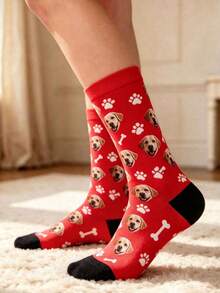 Custom Pink Dog Face Photo Socks, Personalized Pet Mid-Calf Socks, Custom Printed Puppy Face Paw Bone Socks, Creative Gift For Dog Lovers - Red - View 2
