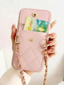1PC Solid Color Coin Card Holder Chain Quilted Design Compatible With Apple 17 Pro Max 17 Pro 17 16 Pro Max 16 Pro 16 15 Pro Max 15 Pro 15 14 Pro Max 14 Pro 14 13 Pro Max 13 Pro 13 12 Pro Max 12 Pro 12 Full Coverage Protective Case - Pink - View 3