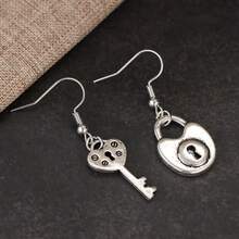 Creative Asymmetric Heart Lock & Key Dangle Hook Earrings, Suitable As Birthday Gift For Women - Silver - View 8