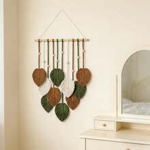 1pc Macrame Wall Hanging, Boho Style Wall Decor Tapestry, Handwoven Green Leaf Tassel Wallpaper - Green - View 12