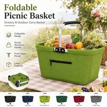 Portable Foldable Shopping Basket With Aluminum Handle, Large Capacity Grocery Carry Basket With Front Zipper Pocket, Compact Storage Design For Shopping, Picnics, Camping, Road Trips, Outdoor Activities And Home Use - Multicolor - View 8