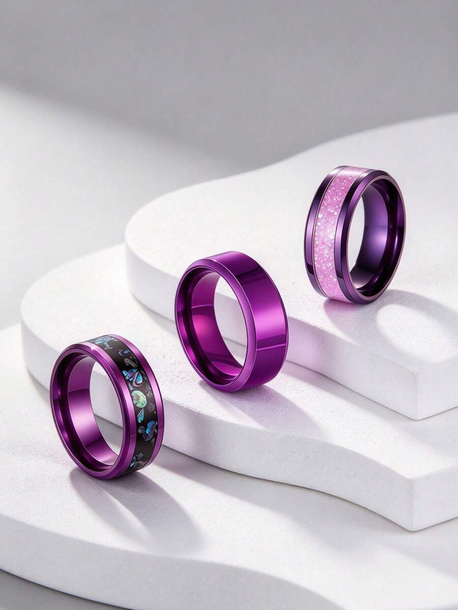 3PCS Purple Couple Rings Set, Fashion Nine Purple Li Fire Stainless Steel Rings, Wedding Jewelry Gift For Men Women, Daily Party Wear - 3-pack - View 1
