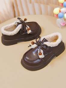 Girls' Thermal Lined Leather Shoes, Lamb Wool Collar, Bow & Bead Decor, Hook & Loop Thick Sole, Warm Princess Shoes For Autumn/Winter - Brown - View 3