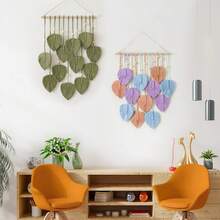 1pc Macrame Wall Hanging, Boho Style Wall Decor Tapestry, Handwoven Green Leaf Tassel Wallpaper - Green - View 11