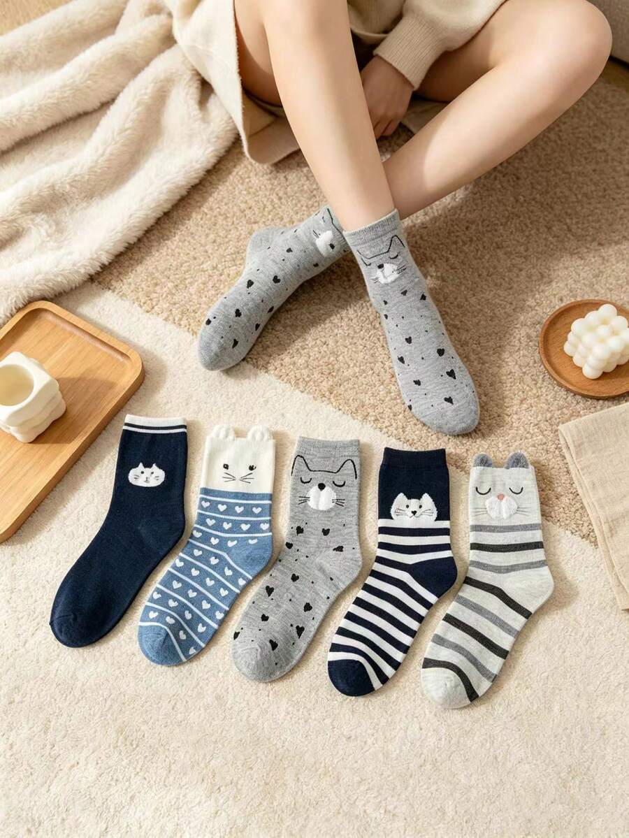 5 Pairs Cute 3D Cat Ears Mid-Calf Socks For Women, Striped Heart Print ...