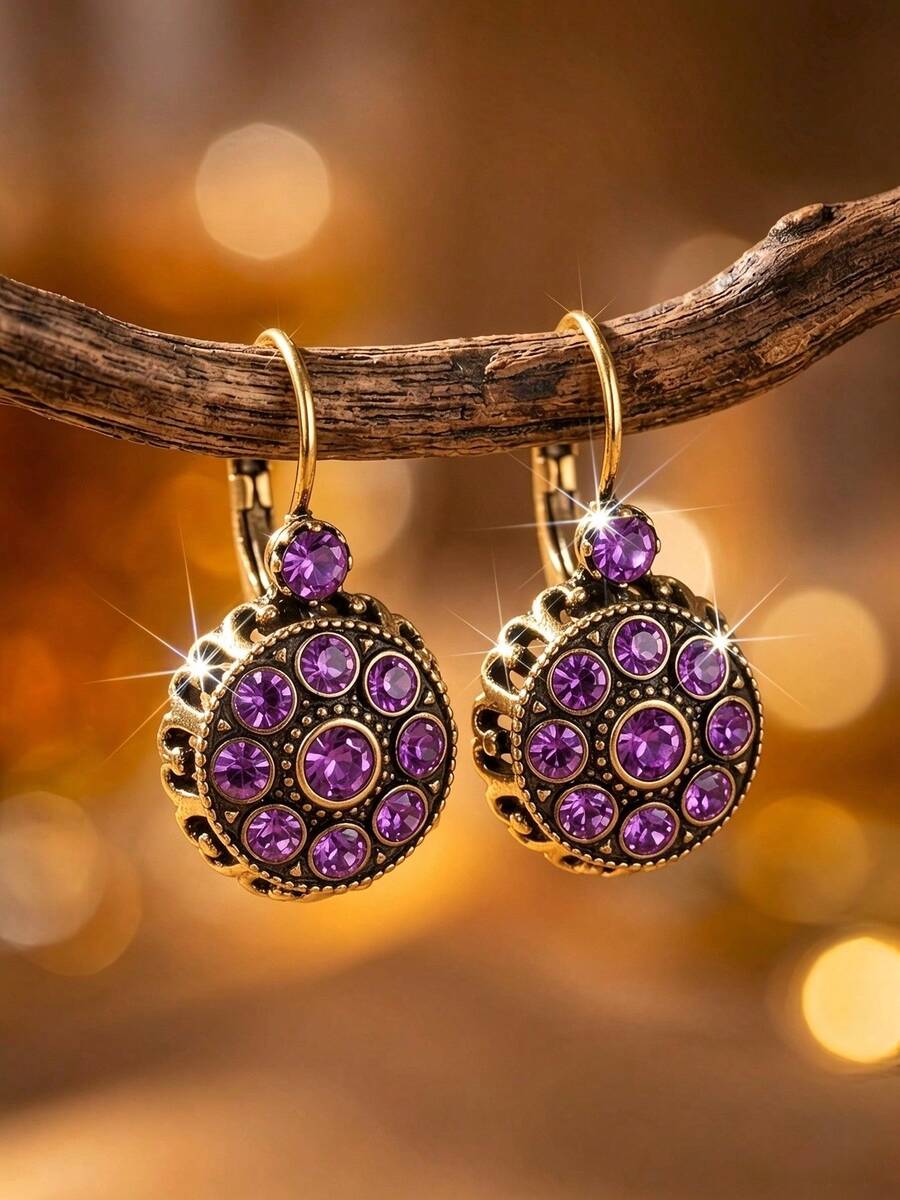 Vintage Gold Dangle Earrings With Purple Rhinestone Cluster, Round Geometric Hollow Out Drop Earrings, Boho Court Style Jewelry Gift For Women - Purple - View 1