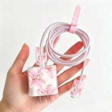Pink TPU Flower Pattern Charger Cable Protector, Compatible With Apple 18/20W Charger, Suitable As A Gift For Friends - Pink - View 2