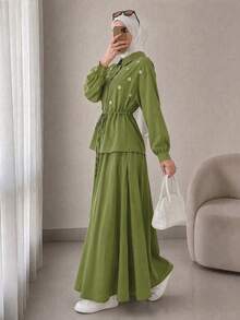 Women's Front Button Drawstring Waist Floral Embroidered 2 Pieces Set, Long Sleeve Shirt + Long Skirt Casual Outfit - Olive Green - View 2