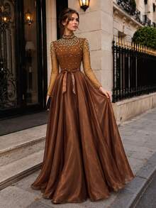 VIPGIRL Brown Evening Dress High Neck Long Sleeve Rhinestone Crystal Beaded Mesh Top Satin Tie Belt A-Line Floor Length Prom Formal Gala Maxi Dress - Khaki - View 5