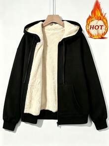 European & American Fashion New Solid Color Pocket Zipper Fleece Jacket, Winter - Black - View 1