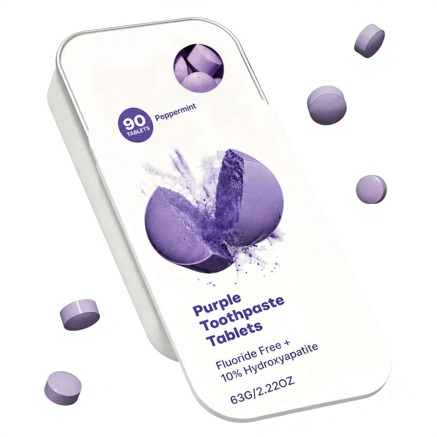 Toothpaste Tablets With 10% Hydroxyapatite And PAP | Fluoride-Free, SLS-Free, Vegan | Purple Tone Correcting Formula | 90 Chewable Tablets/Bottle - Mint - View 1