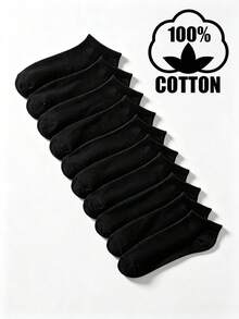 10 Pairs Men's Pure Black Short Socks, Cotton Traceable Cotton Breathable Low-Cut Invisible Socks, Comfortable Casual Short Socks, Suitable For Daily Wear, Sports And Business Occasions - Black - View 1
