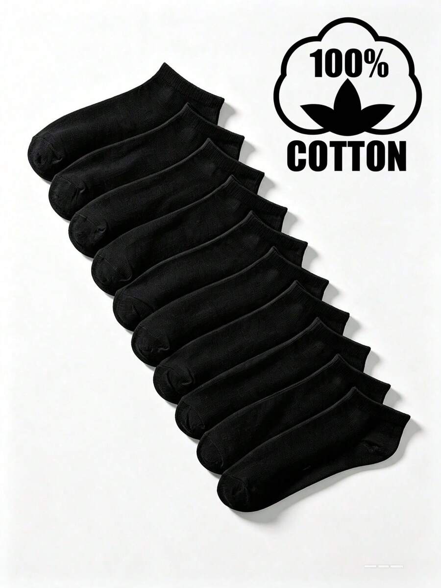 10 Pairs Men's Pure Black Short Socks, Cotton Traceable Cotton Breathable Low-Cut Invisible Socks, Comfortable Casual Short Socks, Suitable For Daily Wear, Sports And Business Occasions - Black - View 1
