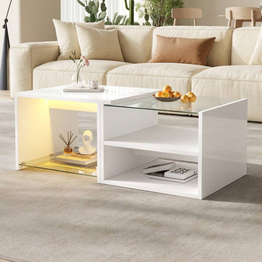 طاولة قهوة بتصميم متعدد الطبقات / طاولة قهوة بأسلوب فاخر / بناء متين من خشب MDF / سعة التحميل: 25 كجم / مع 2 رف مفتوح / إضاءة LED مدمجة / مناسبة لغرفة المعيشة، أبيض - أبيض - مشاهدة 1