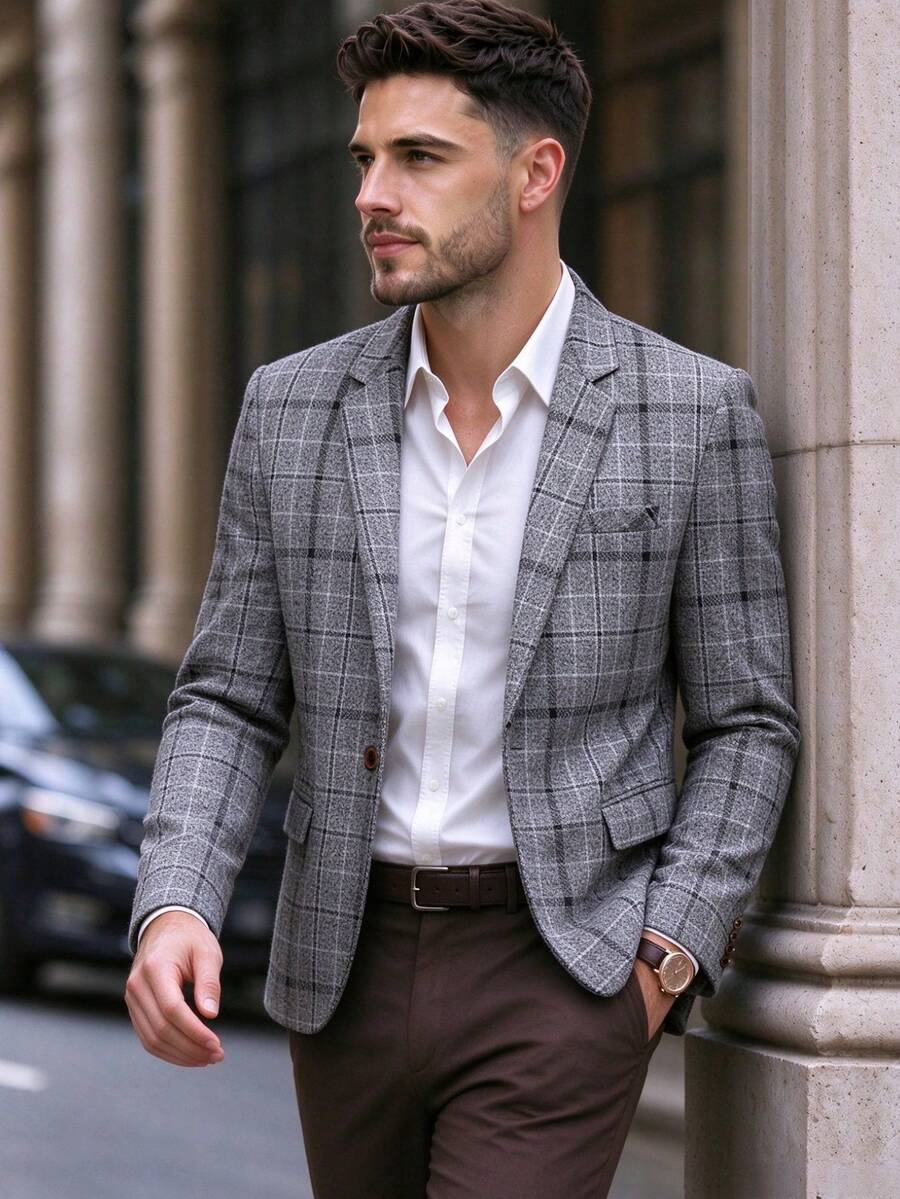 Men's Houndstooth Blazer - Classic Single-Button Casual Jacket, All-Season Business Casual Wear, Slim Fit Suitable For Office, Wedding, Formal Occasions - Light Grey - View 1