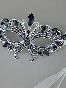 1pc Black Rhinestone & Gemstone Butterfly Mask White Ribbon Tassels Gothic Masquerade Party Photo Props Headpiece - Black - View 4